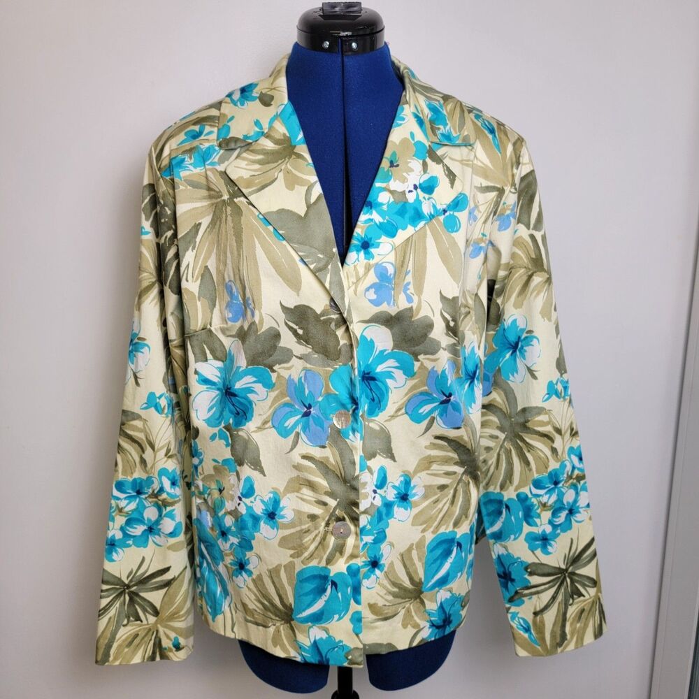 Susan Graver Womens Long Sleeve Button Down Tropical Jacket L
